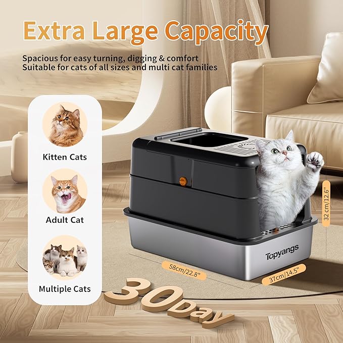 Stainless Steel Litter Box with Lid, 135° Flip-Top Design Metal Enclosed Litter Box for Kitten Cat, Breeze Litter Box System with Anti-Leakage High Sides, Large Cat Lovers Gifts