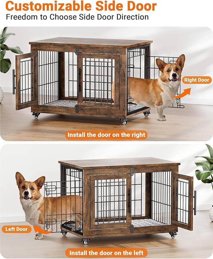 Dog Crate Furniture with Cushion Set of 2, Wooden Dog Kennel Indoor with Wheels & Double Doors, Dog Cage Side End Table for Medium Small Dogs up to 45 lb, 32.5” L, Rustic Brown
