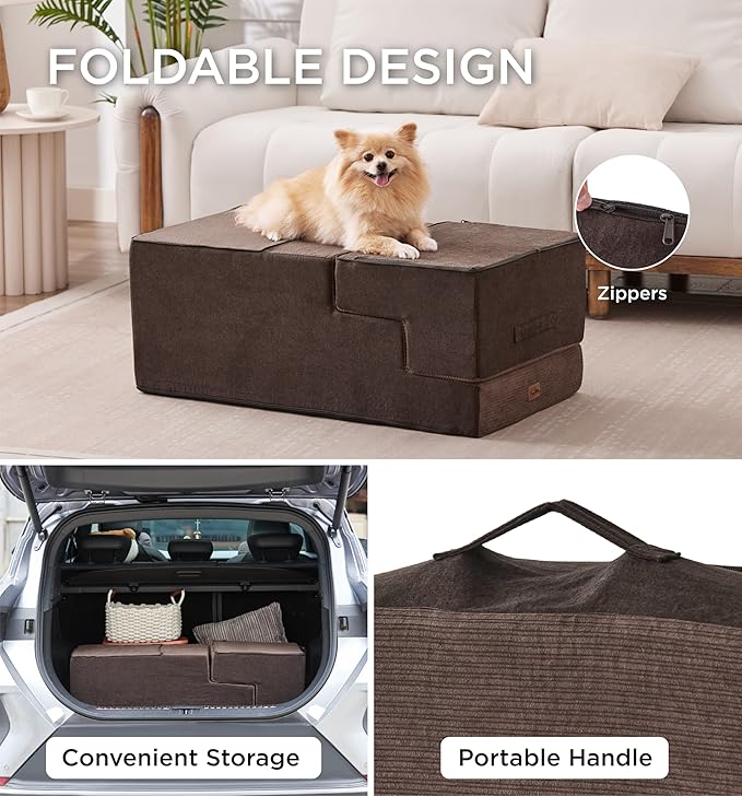 Made4Pets Dog Stairs for High Bed, Extra Wide Pet Stairs for Bed Couch Sofa, 35D Foam Pet Steps for Small Dogs and Cats(Up to 40lbs), Non-Slip Bottom Dog Steps, Brown, 5 Steps