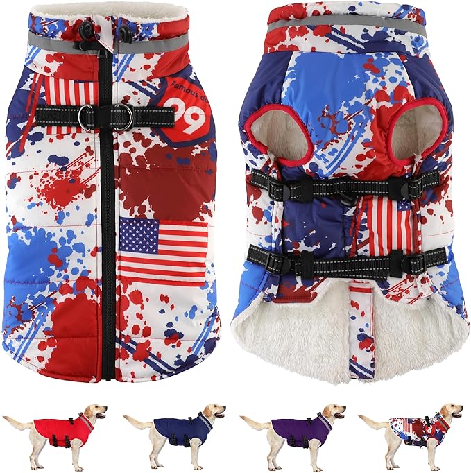 Dogcheer Dog Winter Coat, American Flag Dog Jacket with Harness, Adjustable Puppy Coat with Zipper, Waterproof Pet Fleece Jacket Snowsuit for Small Medium Large Dogs - US Flag 3XL