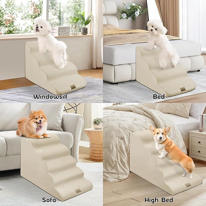 Mestuel 23in High Dogs Stairs, F Stairs for High Bed,5 Steps Ramp to High Couch Sofa Bed Indoor with Gentle Slope& Nonslip Bottom, Lint Roller Set, Beige