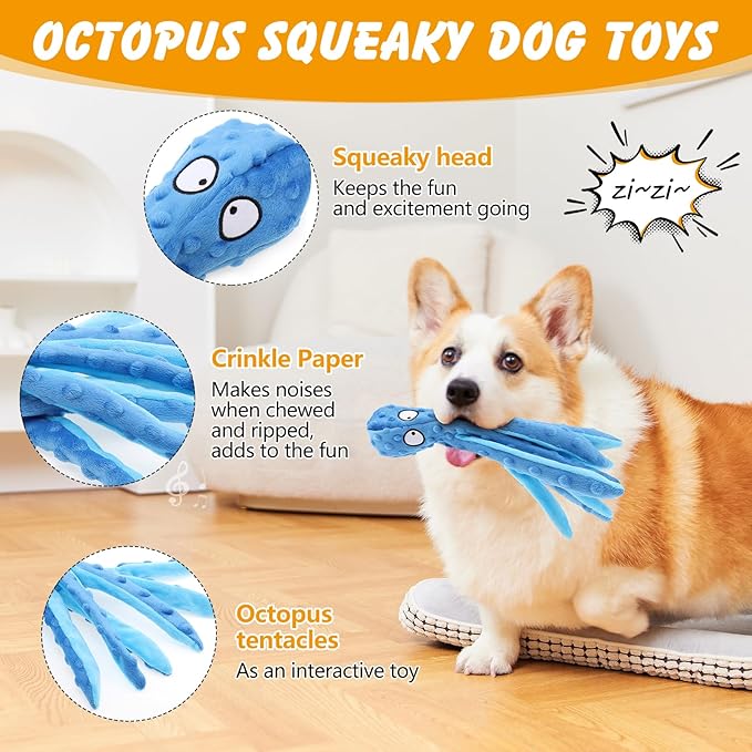 2 Pcs Octopus Dog Toys, No Stuffing Squeaky Dog Toys Chew Toys for Dogs Puppy Toys Indestructible Dog Toy for Small & Medium & Large Dogs (Blue,Purple)