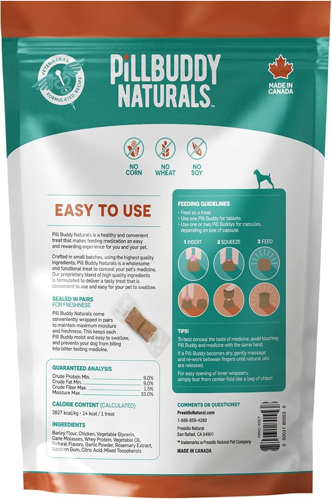 Presidio Pill Buddy Naturals - Chicken Recipe Pill Hiding Treats for Dogs - Make A Perfect Pill Concealing Pocket Or Pouch for Any Size Medication - 90 Servings