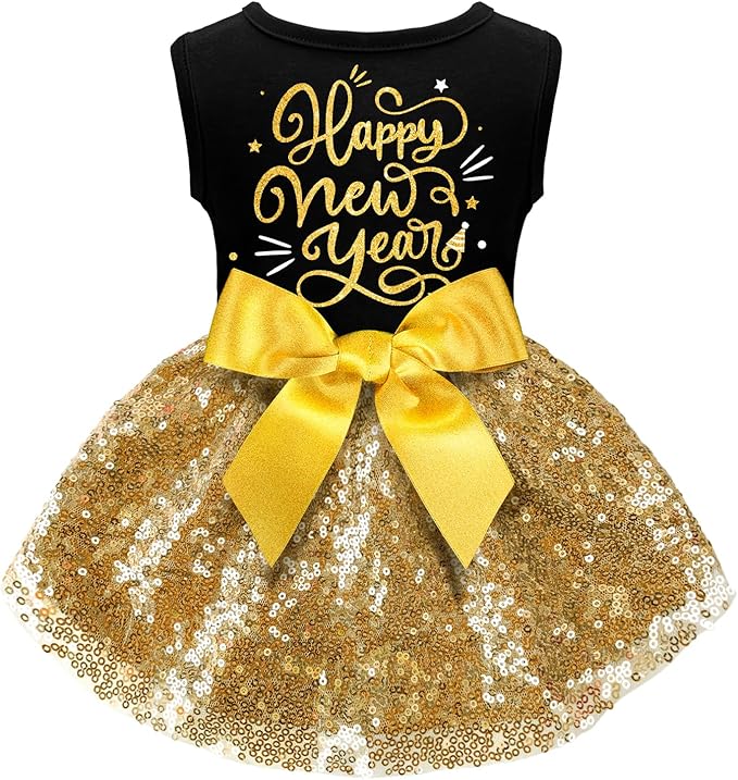 Happy New Year Dog Outfit, Dresses and Costumes for Small Large Dogs - Funny Puppy Dress With Bow, Holiday Costume for Halloween Christmas