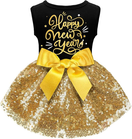 Happy New Year Dog Outfit, Dresses and Costumes for Small Large Dogs - Funny Puppy Dress With Bow, Holiday Costume for Halloween Christmas
