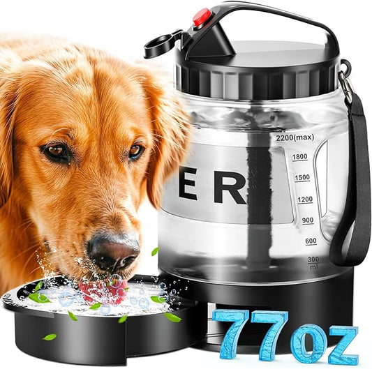 77oz Large Dog Water Bottle Travel - Portable Dog Travel Water Dispenser with Bowl, Ideal for Travelling, Hiking, Camping, Parks, Outdoor, Black