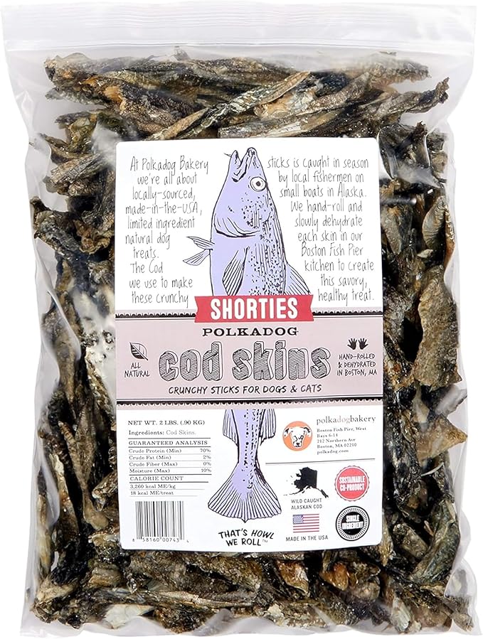 Polkadog Cod Skins for Dogs (2lb Shortie) - Single Ingredient, Wild-Caught Fish Skin Dog Treats for All Breeds – High in Lean Protein & Omega-3. Hypoallergenic, Grain Free. Handcrafted & Made in USA