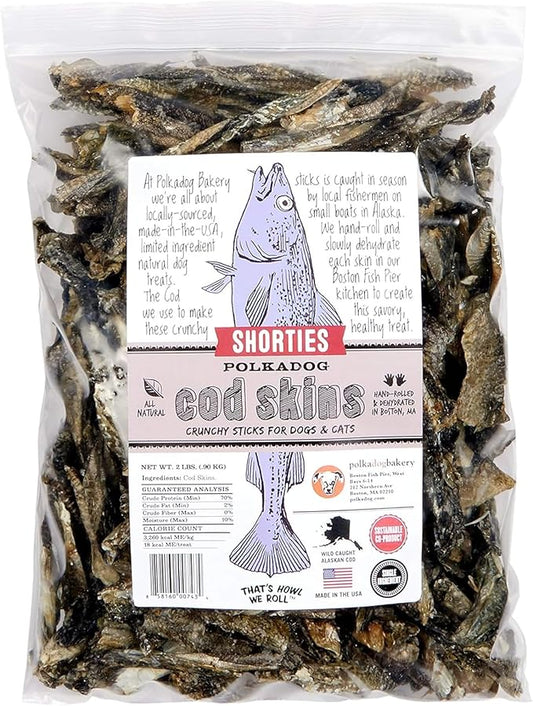 Polkadog Cod Skins for Dogs (2lb Shortie) - Single Ingredient, Wild-Caught Fish Skin Dog Treats for All Breeds – High in Lean Protein & Omega-3. Hypoallergenic, Grain Free. Handcrafted & Made in USA