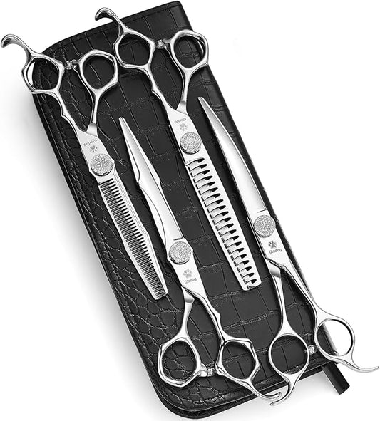 GLADOG Luxury Dog Grooming Scissors Set - 7" Straight, 6.5" Thinning, 7" Chunkers, 7" Curved - 9CR Steel, Silver Luxe, Right Hand, Plastic Handle, 4 Count