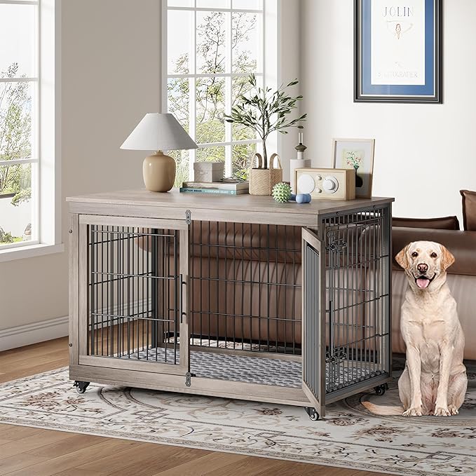 Dog Crate Furniture with Cushion, Wooden Dog Kennel Indoor with Double Doors, Dog Cage with Wheels, Dog House Side End Table for Large Dogs up to 85 lb, 44" L, Grey