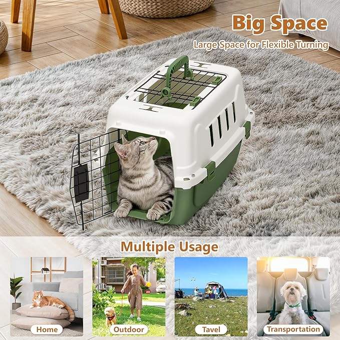 Athena Collection 18" Hard-Sided Travel Pet Carrier for Small Dogs and Cats, Plastic Dog Crate with 2-Door Top & Front Load, Ventilation, Security Lock, Cat Dog Carrier for Pet, up to 10lbs, Green