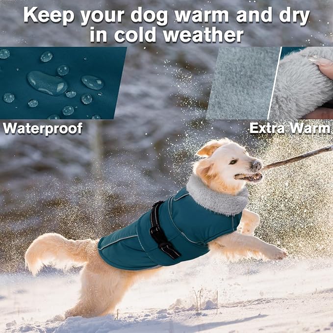 Lelepet Warm Dog Coat Reflective Fleece Vest Waterproof Dog Jacket with Adjustable Buckle Hook & Loop Windproof Cold Weather Coats for Small Medium Large Dogs, Dark Green, S