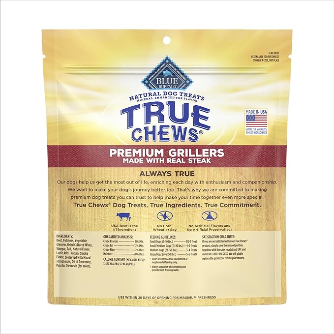 Blue Buffalo True Chews Premium Grillers Dog Treats, Made in The USA with Natural Ingredients, Steak, 20-oz Bag