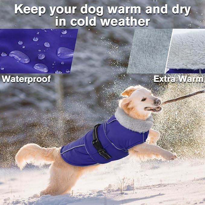 Lelepet Warm Dog Coat Reflective Fleece Vest Waterproof Dog Jacket with Adjustable Buckle Hook & Loop Windproof Cold Weather Coats for Small Medium Large Dogs, Blue, S