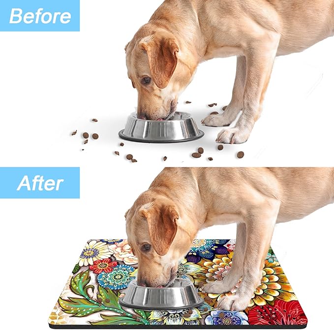 Rnivvi Dog Food Mat, 12" x 19" Flower Absorbent Dog Cat Bowl Mat for Food and Water, 3MM Anti-Slip Rubber Pet Feeding Rug Protect Floors, Puppy Placemat for Feeding & Watering Supplies, Mandala Floral