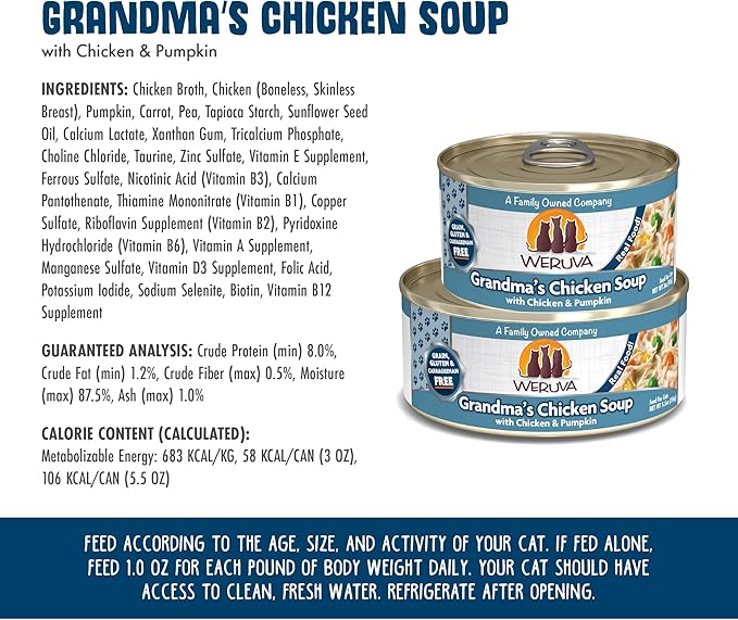 Weruva Classic Cat Food, Grandma’s Chicken Soup with Chicken Breast & Pumpkin in Gravy, 3oz Can (Pack of 24)