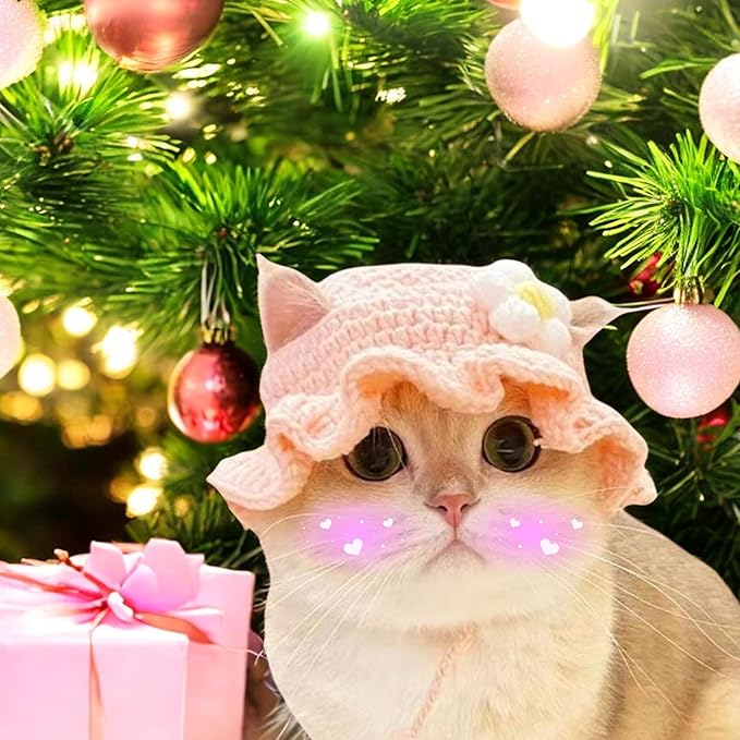 2Pcs Cute Knitted Rabbit Hat, Funny Bunny Hats for Pet Rabbits Large Guinea Pig Small Dog Cat Pet Bunny Costume for Birthday Party Christmas Halloween Easter Travel Accessories (Frog and Flower)