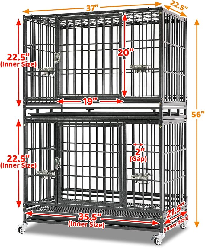 Homey Pet Two Tiers 37 Inch Dog Crate, Escape Proof Dog Cage Kennel Indoor with Top Access and Lockable Wheels, Removable Tray, Heavy Duty Dog Crates for Medium/Small Dogs
