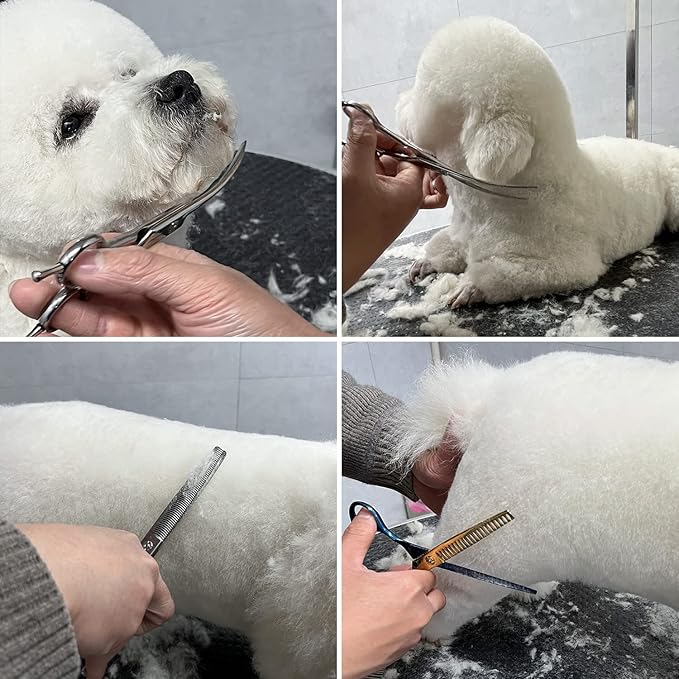 Dog Cat Scissors for Grooming, Pet Shears for Thick Coats and Matted Hair, Thinner Curved Straight Chunker Stainless Steel Shears Blue