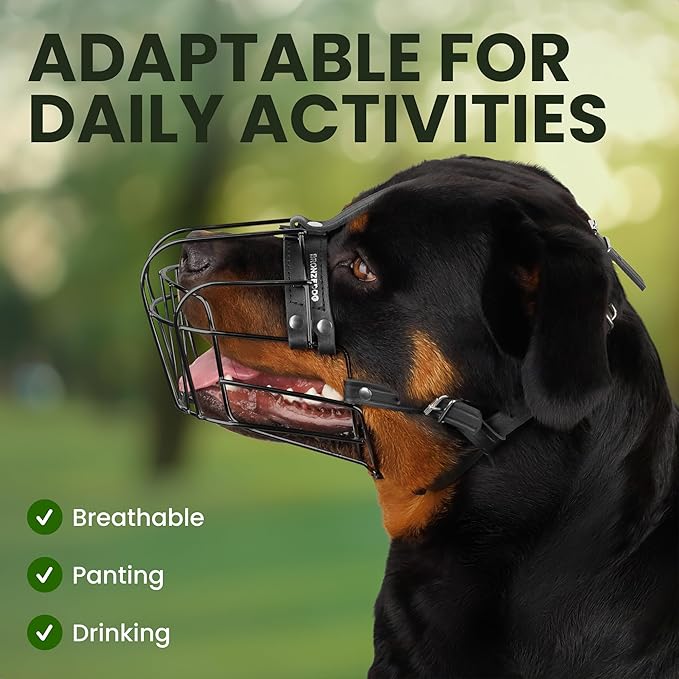 BRONZEDOG Dog Muzzle Adjustable Durable Metal Wire Basket for Large and Extra Large Dogs with Leather Straps Breathable, Drinkable, Adjustable, Training, Prevents Biting (PVC, Rottweiler)
