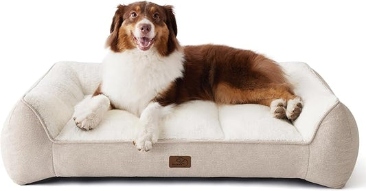 Bedsure Orthopedic Dog Beds Large Medium Sized Dog - Extra Thick Supportive Medium Dogs Bed with Waterproof Washable Cover, Comfort Pet Bed Sofa with Soft Plush Sherpa and Nonskid Bottom, Beige, 35"