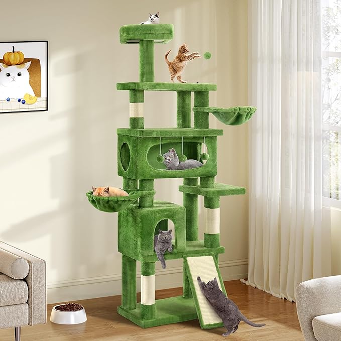 76in Cat Tree for Indoor Large Cats, Tall Cat Tower with Scratching Posts, Cat Tree Tower w/Hanging Balls, Multi-Level Condo Cozy Hammock, House, Large Activity Center, Green