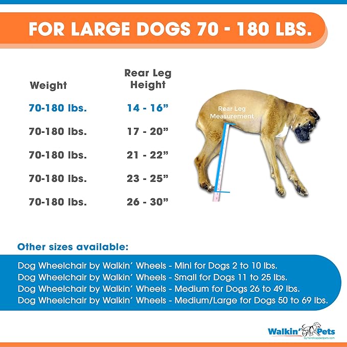 Walkin' Wheels Dog Wheelchair - for Large Dogs 70-180 Pounds - Veterinarian Approved - Dog Wheelchair for Back Legs