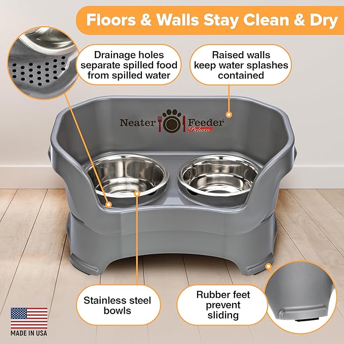 Neater Pet Brands Neater Feeder Deluxe Mess Proof Dog Bowls Elevated for Medium Dogs 19-40 lbs, Made in USA, No Spill Raised Dog Food Bowl Stand Feeding Station, Food and Water Bowl Set, Grey