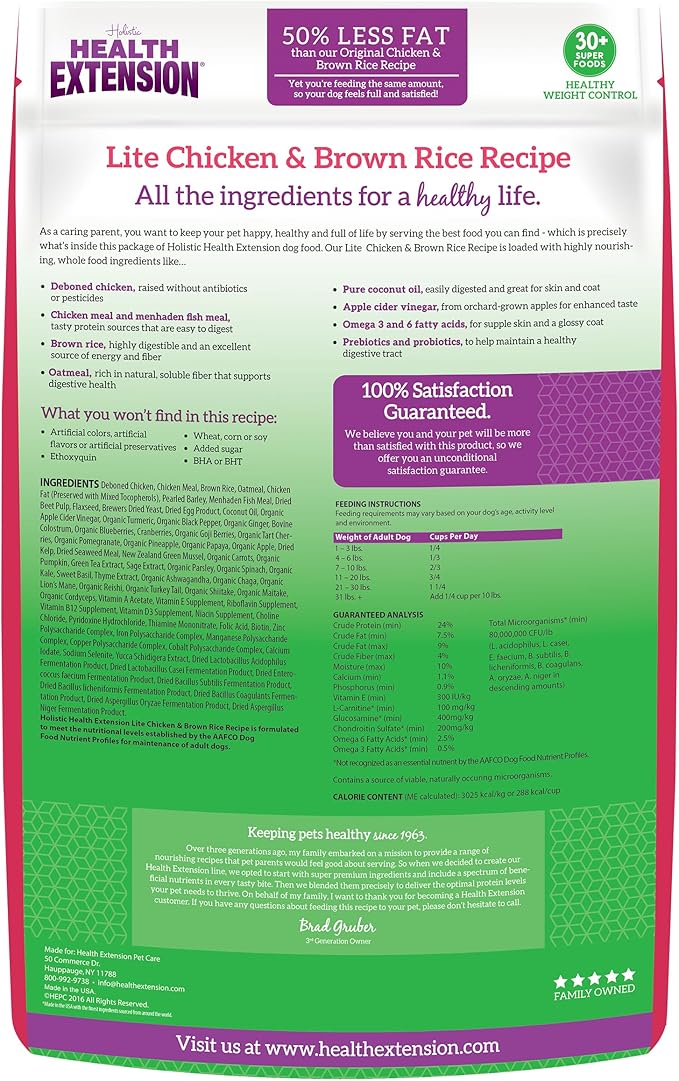 Health Extension Lite Chicken & Brown Rice Dry Dog Food (1 lb / 0.45 kg) - Low-Fat Formula with Glucosamine, Probiotics & Omega 3 for Overweight, Spayed, Neutered, or Senior Dogs