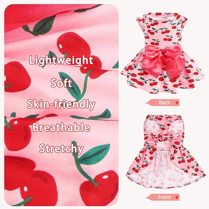 PUPTECK Print Dog Dress Pet Apparel with Cute Bowtie Puppy Clothes Outfit, Cherry, L