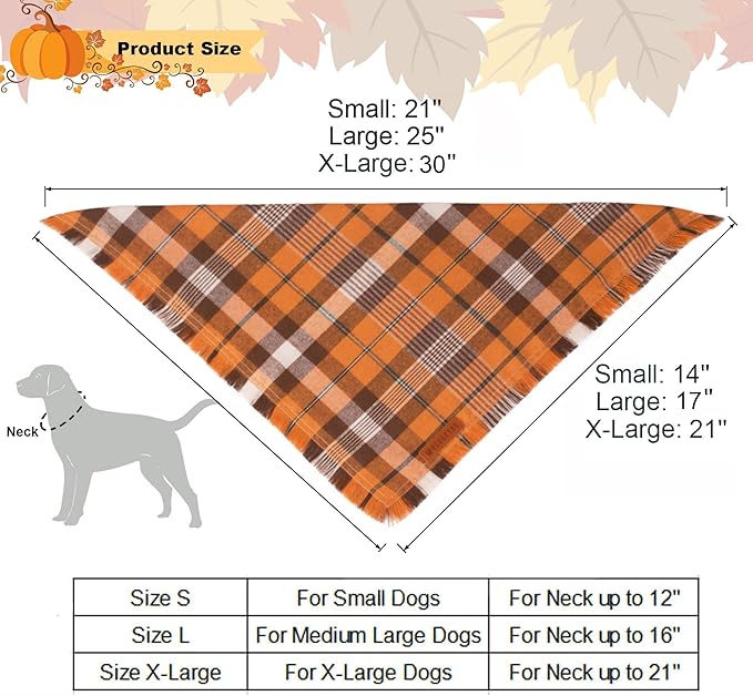 ADOGGYGO Fall Dog Bandana with Tassels Edges, Orange Red Plaid Pet Scarf Bib, Multiple Sizes Offered, Halloween Thanksgiving Fall Bandanas for Medium Large Dogs Pets (Large)
