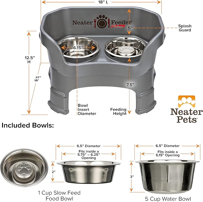 Neater Feeder Deluxe Mess Proof Dog Bowls Elevated for Medium Sized Breeds – Made in USA – No Spill Raised Slow Feeder Elevated Dog Bowl Stand w/Leg Extensions, Food and Water Bowl Set, Grey