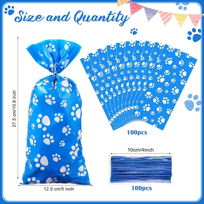 Blulu 100 Pieces Dog Treat Bags Puppy Party Favor Pet Paw Cone Cellophane Bags Candy Heat SealableDog Paw Gift with 100 Pieces Silver Twist Ties for Pet Cat Treat Party Favor(Blue and White)