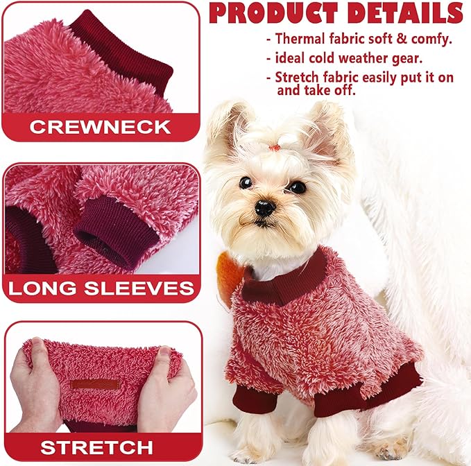 Fleece Dog Sweater Soft Fuzzy Warm Clothes for Small Dogs Girl Boy Soft Winter Coat Flannel Puppy Jacket Pet Clothes Outfit Sweater for Chihuahua, Bulldog, Dachshund(M, Red)