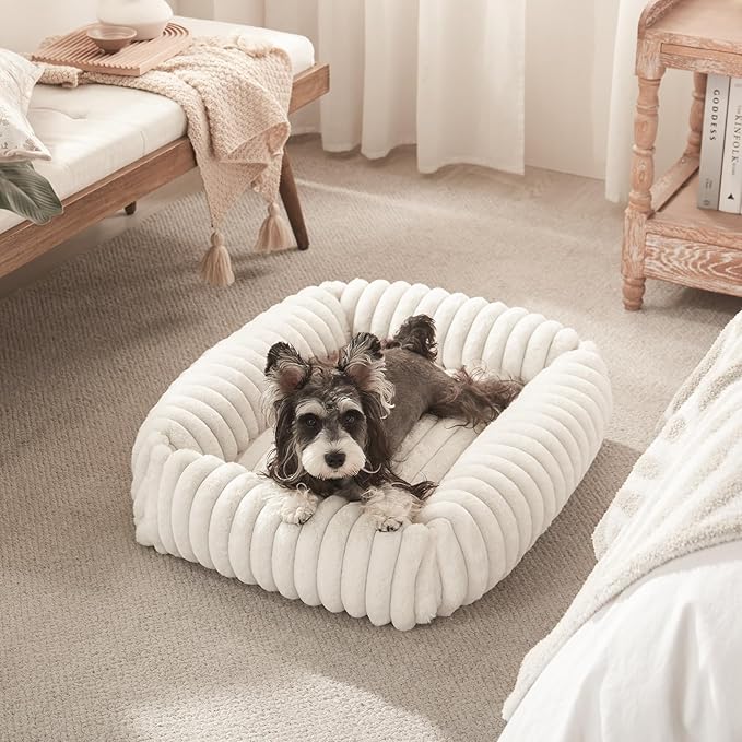 Dog Beds Medium Sized Dog, Washable Orthopedic Pet Bed with Removable Cover, Rectangle Soft Calming Sleeping Puppy Bed Durable Pet Cuddler with Anti-Slip Bottom, 30"x24"x8" Cream