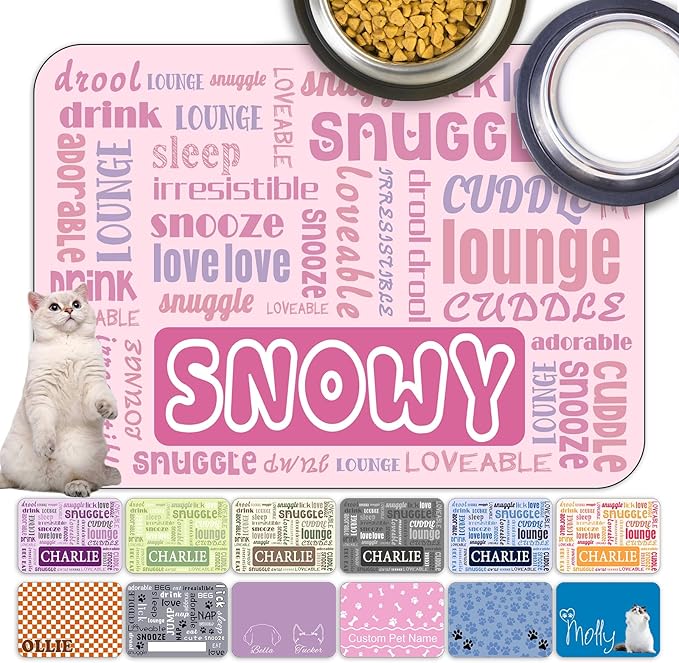 Personalized Dog Cat Food Mat Waterproof Non Slip Pet Bowl Name Mat Absorbent Quick Dry Custom Feeding Mat for Floors Dog Cat