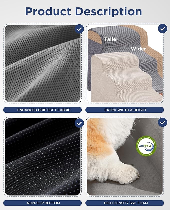 Navy Blue Curved Dog Stairs Ramp for High Beds 22.8" H, 4-Step Dog Steps for Small Dogs and Cats, Pet Stairs for High Bed Climbing, Non-Slip Balanced Pet Step