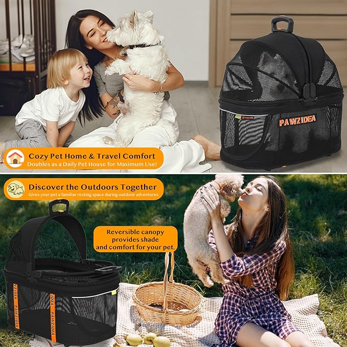 PAWZIDEA Pet Stroller 4 in 1, Cat Strollers with Detachable Carrier No-Zip Canopy, Portable Dog Crate for Car Seat Travel, Foldable & Lightweight Jogger for Small/Medium Dogs and Cats, Storage Basket