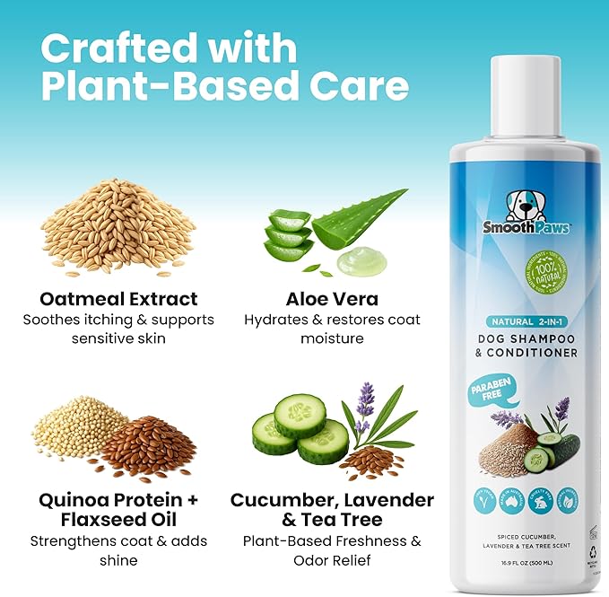 2-in-1 Natural Dog Shampoo & Conditioner – pH-Balanced for Dogs & Puppies | Gentle Oatmeal & Aloe Vera Formula for Sensitive Skin | Spiced Cucumber, Lavender & Tea Tree Scent | 16.9 oz | Smooth Paws