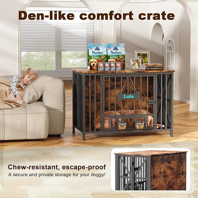 Easycom Foldable Large Dog Crate Furniture, 41.3" Assembly-Free Dog Crates for Large Dogs, Wooden Dog Kennel Indoor with Tag & Dog Bowls, Dog Cage Use as TV Stand, Rustic Brown