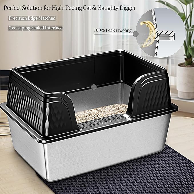 Vealind XXL Stainless Steel Cat Litter Box High Sided with Lid 23.7" L x 16" W x 12" H Side Entry Extra Large Metal Cat Litter Pan with Scoop and Mat for Big Cats Black