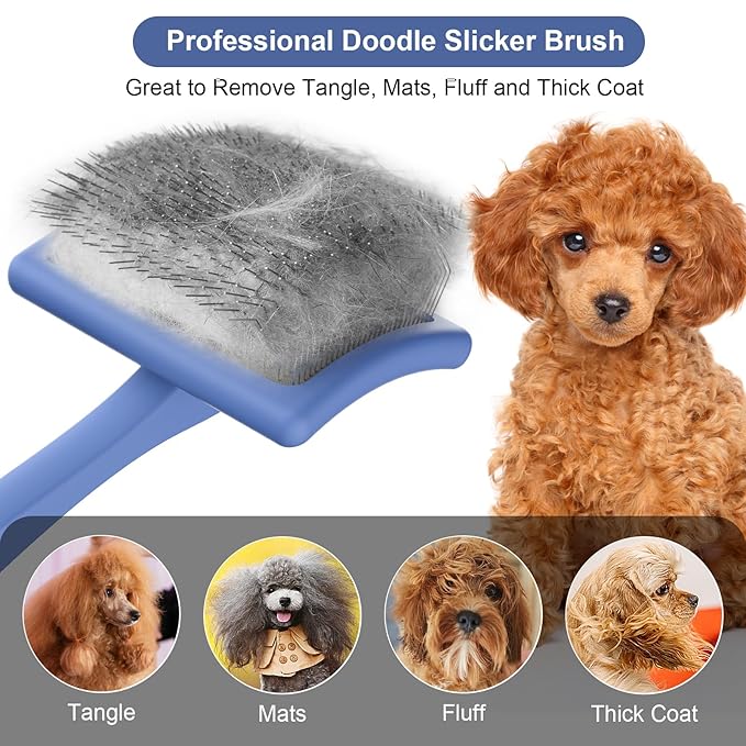 Wouble Slicker Brush for Dogs,Large Doodles Dog Brush for Grooming Poodles, Goldendoodles and Labradoodles,Easy to Remove Tangles, Mats and Fluff- Blue