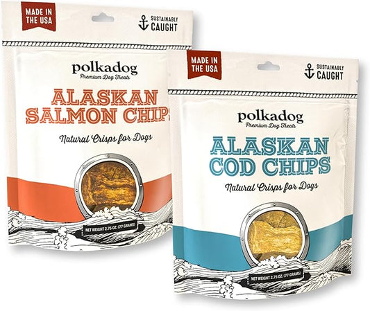 Polkadog Crunchy Alaskan Cod & Salmon Chips Variety 2-Pack – Single Ingredient Dog Treats – All Natural, Grain-Free, Lean Protein & Omega-3 Rich Snacks for Dogs – Made in USA - 2.75 oz (Pack of 2)