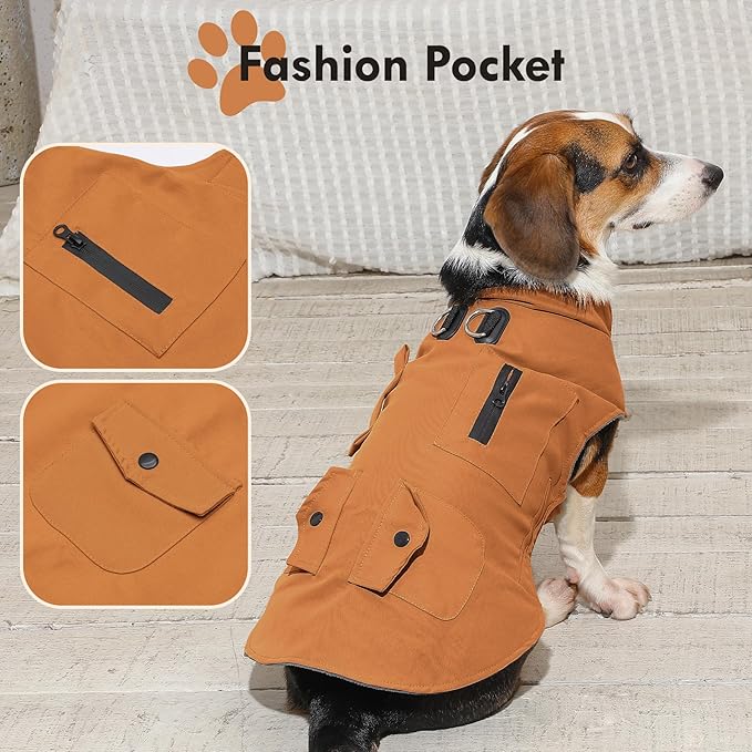 Workwear Style Dog Coats with Harness Built in for Small Dogs Windproof Warm Puppy Jacket with Storage Pockets for Cold Winter,BrightBeige XXL