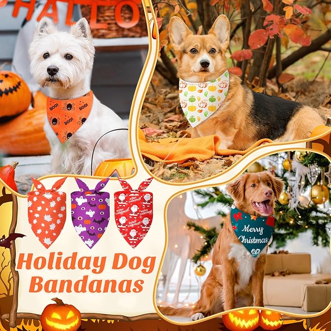 Chunful 30 Pcs Holiday Dog Bandanas Bulk for Fall Thanksgiving Halloween Christmas with Maple Leaves Pumpkin Ghost Snowman Seasonal Triangle Pet Scarf for Small Medium Large 25.6 x 17.7 x 17.7 in