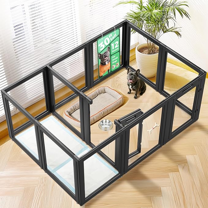 FXW AuraSpace Acrylic Indoor Dog Playpen for Small and Medium Dogs, 30 Inch, 12 Panels, Black