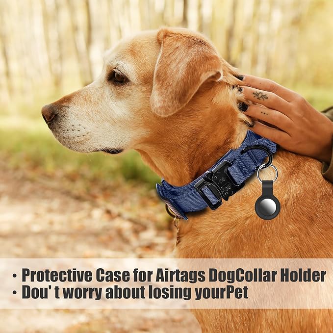 Tactical Military Collar - Adjustable Nylon, Heavy Duty Metal Buckle with Handle for Dog Training, with Patches (Blue, M)