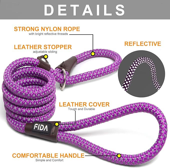 Fida Durable Slip Lead - 6 FT x 3/8" Heavy Duty Dog Loop Leash for Small Dogs and Puppies, No Pull Pet Training Leash with Highly Reflective Stitching (Purple)