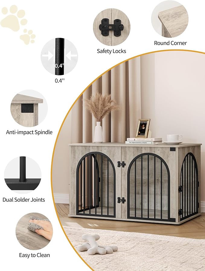 39.4" Wooden Dog Crate Furniture, Indoor Dog Kennel Dogs Cage for Small/Medium/Large Dogs, Heavy Duty Dog Crates Decorative Pet House End Side Table TV Stand, Greige Black DFC84105B