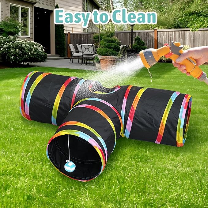 BNOSDM Bunny Tunnels, Collapsible 3 Way Rabbits Tunnel and Tubes with Chew Toys, Small Animals Hideout for Indoor Rabbit Bunny Guinea Pigs Ferret Kitten